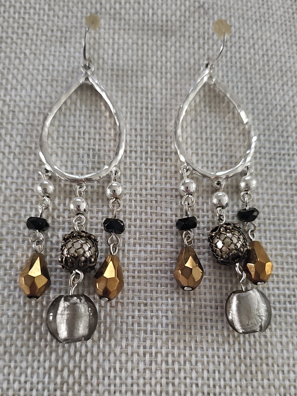 Silver Teardrop Dangle Earrings with Gold and Black Beads